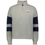 The EMB Augusta Women's Nations of Rugby Italy Jackson Way Pullover is a light grey quarter-zip sweatshirt with navy sleeve stripes and an "Italy Rugby" flag logo on the upper left chest—ideal for rugby supporters.