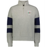 The EMB Augusta Women's Nations of Rugby Italy Jackson Way Pullover is a light grey quarter-zip sweatshirt with navy sleeve stripes and an "Italy Rugby" flag logo on the upper left chest—ideal for rugby supporters.
