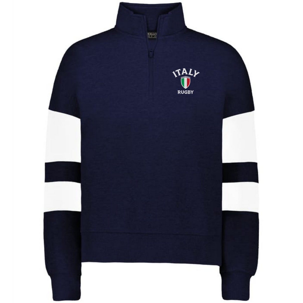 Show your support with the EMB Augusta Women's Nations of Rugby Italy Jackson Way Pullover—a navy blue quarter-zip with white sleeve stripes and Italy Rugby logo on the left chest. Perfect for rugby fans!.