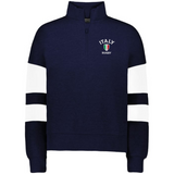 Show your support with the EMB Augusta Women's Nations of Rugby Italy Jackson Way Pullover—a navy blue quarter-zip with white sleeve stripes and Italy Rugby logo on the left chest. Perfect for rugby fans!.
