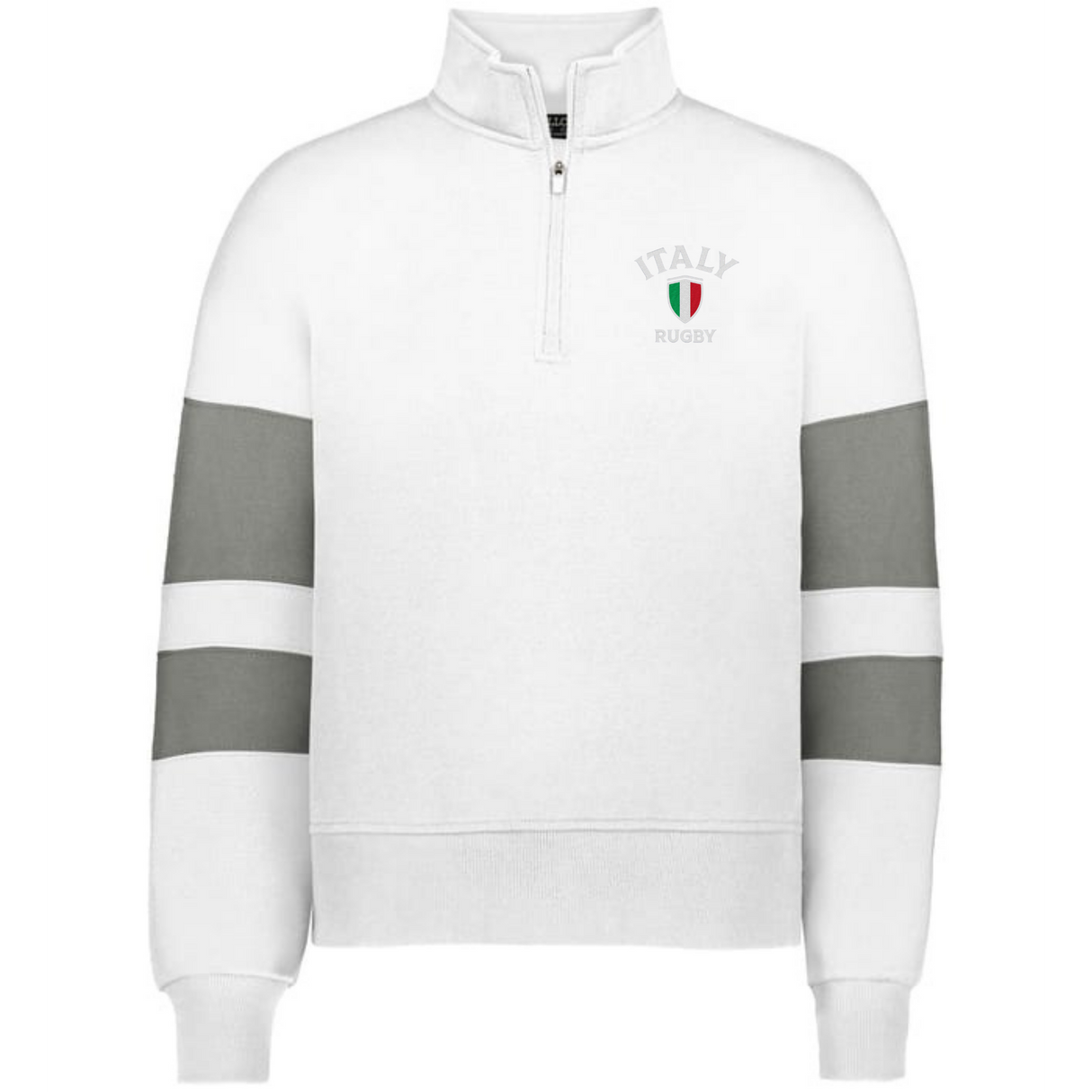 Show your team pride in the EMB Augusta Women's Nations of Rugby Italy Jackson Way Pullover—a white quarter-zip with grey stripes and "Italy Rugby" logo. Stylish, comfy apparel perfect for any Italy rugby supporter.