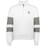 Show your team pride in the EMB Augusta Women's Nations of Rugby Italy Jackson Way Pullover—a white quarter-zip with grey stripes and "Italy Rugby" logo. Stylish, comfy apparel perfect for any Italy rugby supporter.