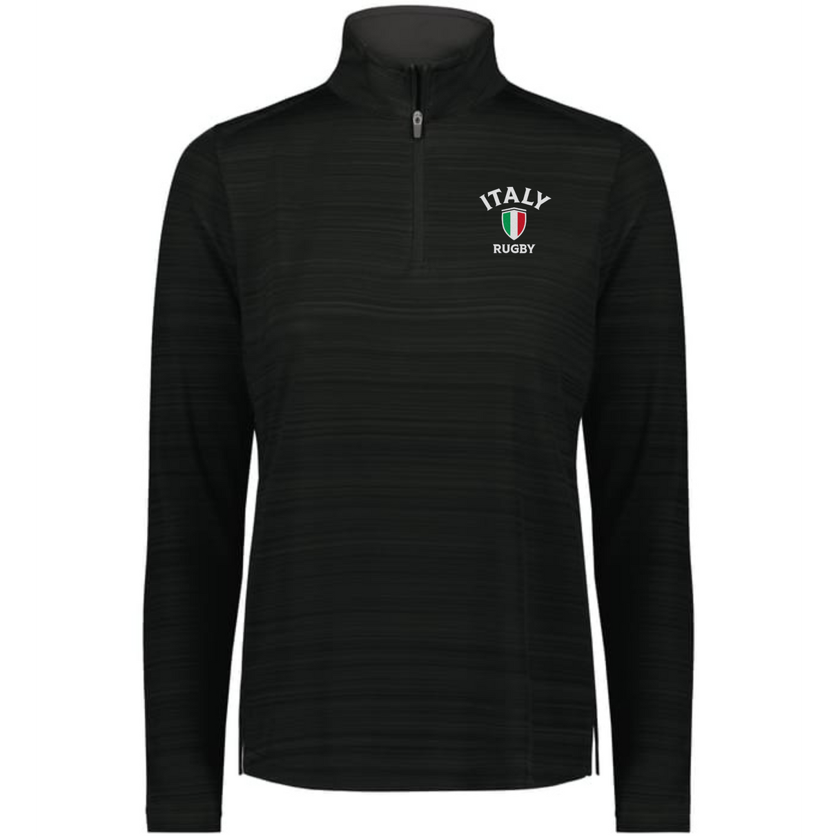 The EMB Augusta Women's Nations of Rugby Italy Pursuit 1/4 Zip Pullover is a black, moisture-wicking long-sleeve top with “Italy Rugby” and shield logo on the left chest—ideal for showing team pride.