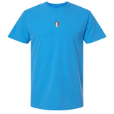 The EMB S&S Activewear Italy Vintage Comfort Tee is a blue short-sleeve shirt with a small embroidered vintage Italy shield and "ITALIA" on the chest—perfect for rugby fans seeking style and comfort.
