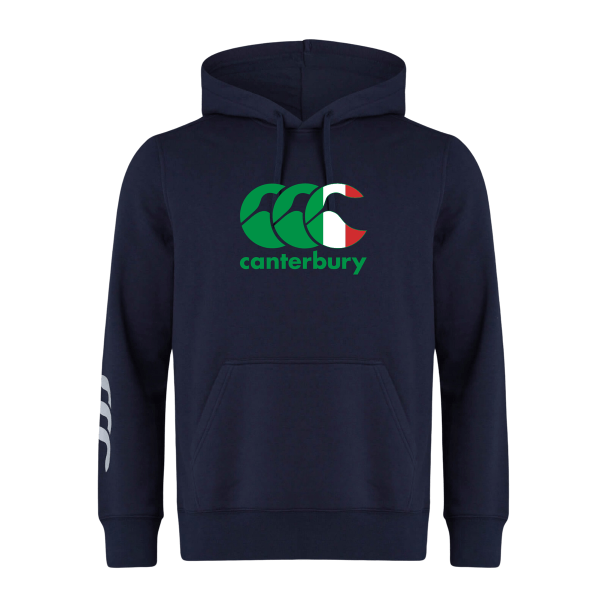 The Canterbury Italy CCC Flag Club Hoodie by WRS Canterbury is navy blue, showcasing a green and red "Canterbury" logo on the front. It features a bold CCC Flag Design with a white triple-stripe on the left sleeve.