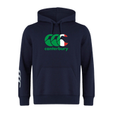 The Canterbury Italy CCC Flag Club Hoodie by WRS Canterbury is navy blue, showcasing a green and red "Canterbury" logo on the front. It features a bold CCC Flag Design with a white triple-stripe on the left sleeve.