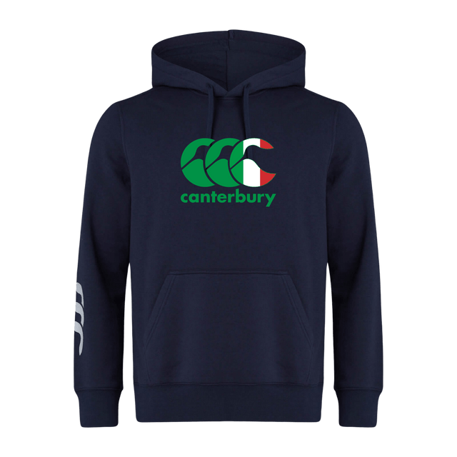 The Canterbury Italy CCC Flag Club Hoodie by WRS Canterbury is navy blue, showcasing a green and red "Canterbury" logo on the front. It features a bold CCC Flag Design with a white triple-stripe on the left sleeve.