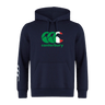 The Canterbury Italy CCC Flag Club Hoodie by WRS Canterbury is navy blue, showcasing a green and red "Canterbury" logo on the front. It features a bold CCC Flag Design with a white triple-stripe on the left sleeve.