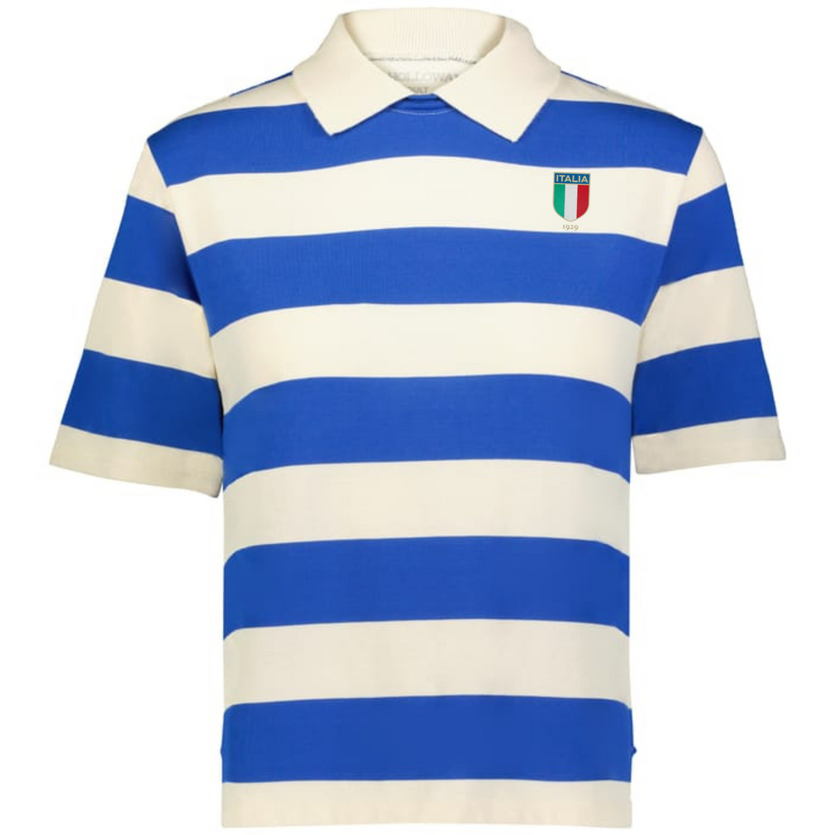 Inspired by vintage rugby, the EMB Augusta Women's Vintage Italy Prep Street Rugby Crop features bold blue and white stripes and an Italy soccer crest—a sporty yet stylish short-sleeve polo.