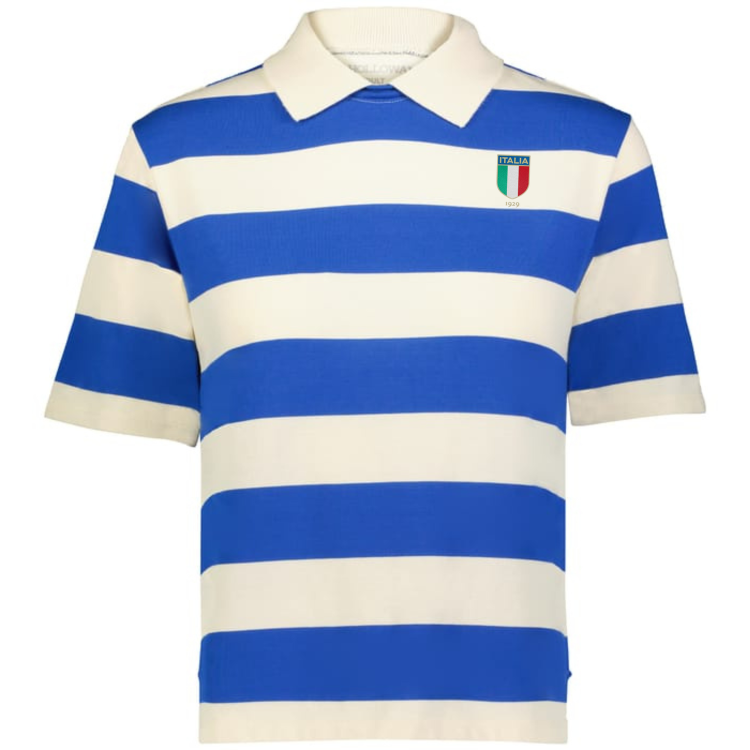 Inspired by vintage rugby, the EMB Augusta Women's Vintage Italy Prep Street Rugby Crop features bold blue and white stripes and an Italy soccer crest—a sporty yet stylish short-sleeve polo.