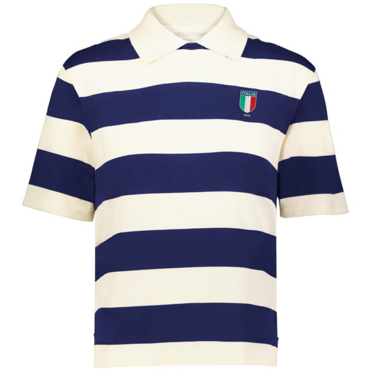The EMB Augusta Women's Vintage Italy Prep Street Rugby Crop features wide navy and white stripes with an "Italia" badge—delivering a stylish, prep street vibe perfect for a vintage rugby crop look.