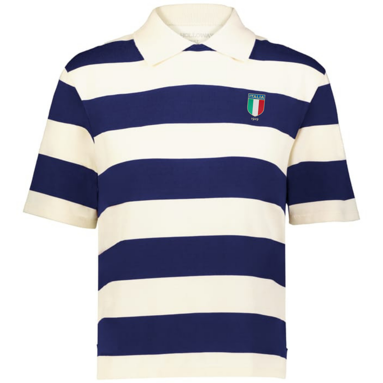 The EMB Augusta Women's Vintage Italy Prep Street Rugby Crop features wide navy and white stripes with an "Italia" badge—delivering a stylish, prep street vibe perfect for a vintage rugby crop look.