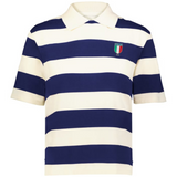 The EMB Augusta Women's Vintage Italy Prep Street Rugby Crop features wide navy and white stripes with an "Italia" badge—delivering a stylish, prep street vibe perfect for a vintage rugby crop look.