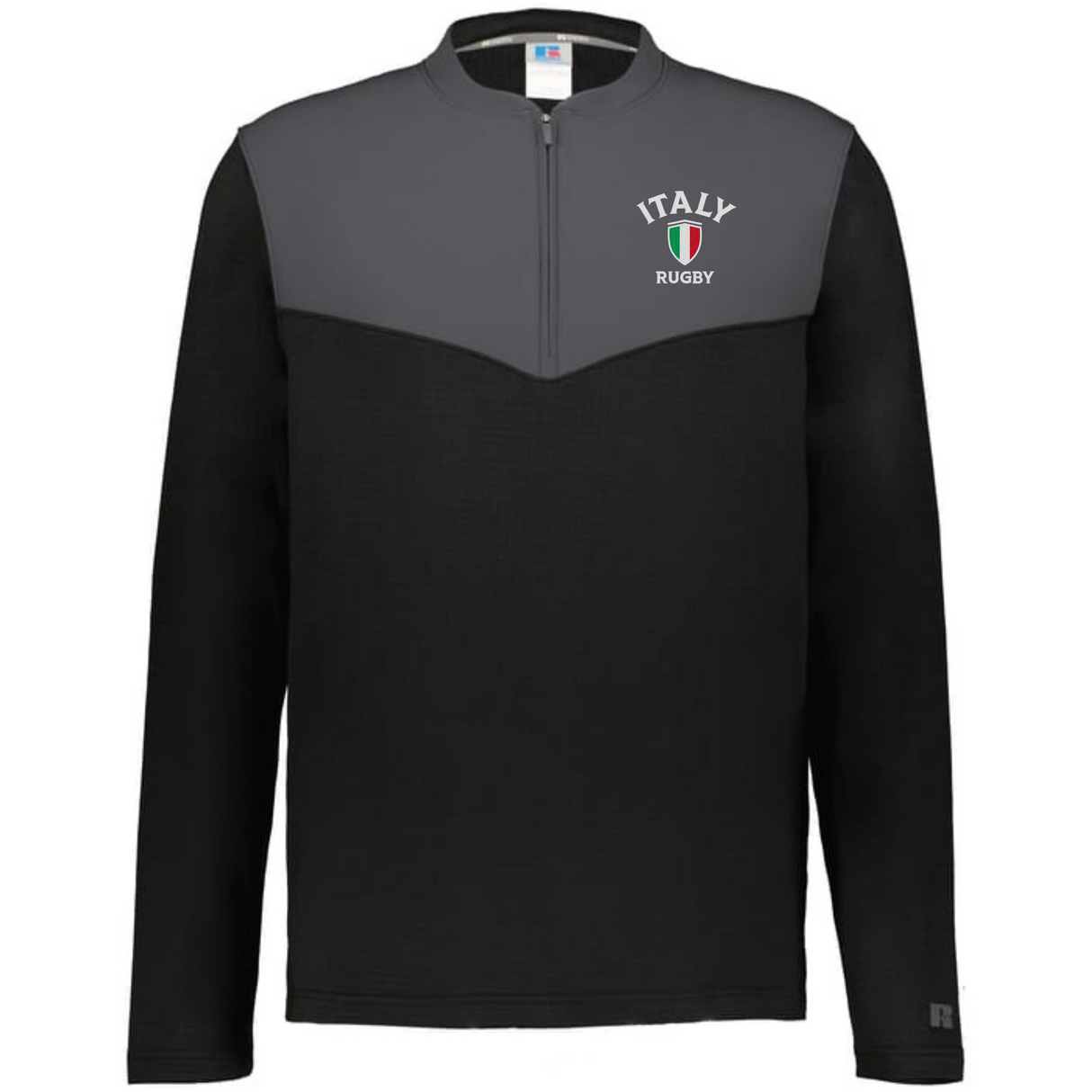 The EMB Augusta Nations of Rugby Italy Sideline Grid 1/4 Zip Pullover in black and gray features "ITALY RUGBY" and an Italian flag crest—perfect for any rugby supporter’s fleece collection.