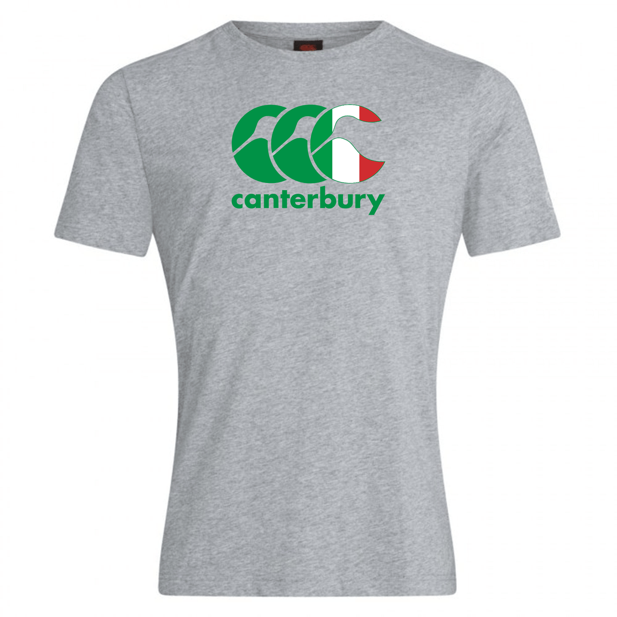 Gray cotton blend T-shirt displaying a lively green, white, and red logo on the front, inspired by the CCC Flag Club design from Canterbury Italy. Brand: WRS Canterbury.