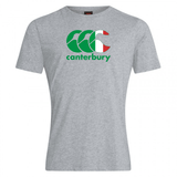 Gray cotton blend T-shirt displaying a lively green, white, and red logo on the front, inspired by the CCC Flag Club design from Canterbury Italy. Brand: WRS Canterbury.