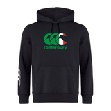 The Canterbury Italy CCC Club Lightweight Hoodie by WRS Canterbury is crafted from polyester, featuring the iconic logo in green, red, and white on the chest and three distinctive white stripes on the right sleeve for added style.