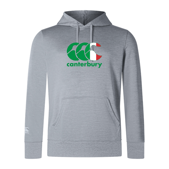 The Canterbury Italy CCC Club Lightweight Hoodie by WRS Canterbury is a lightweight gray polyester hoodie featuring the iconic logo on the chest and a small logo on the left sleeve.