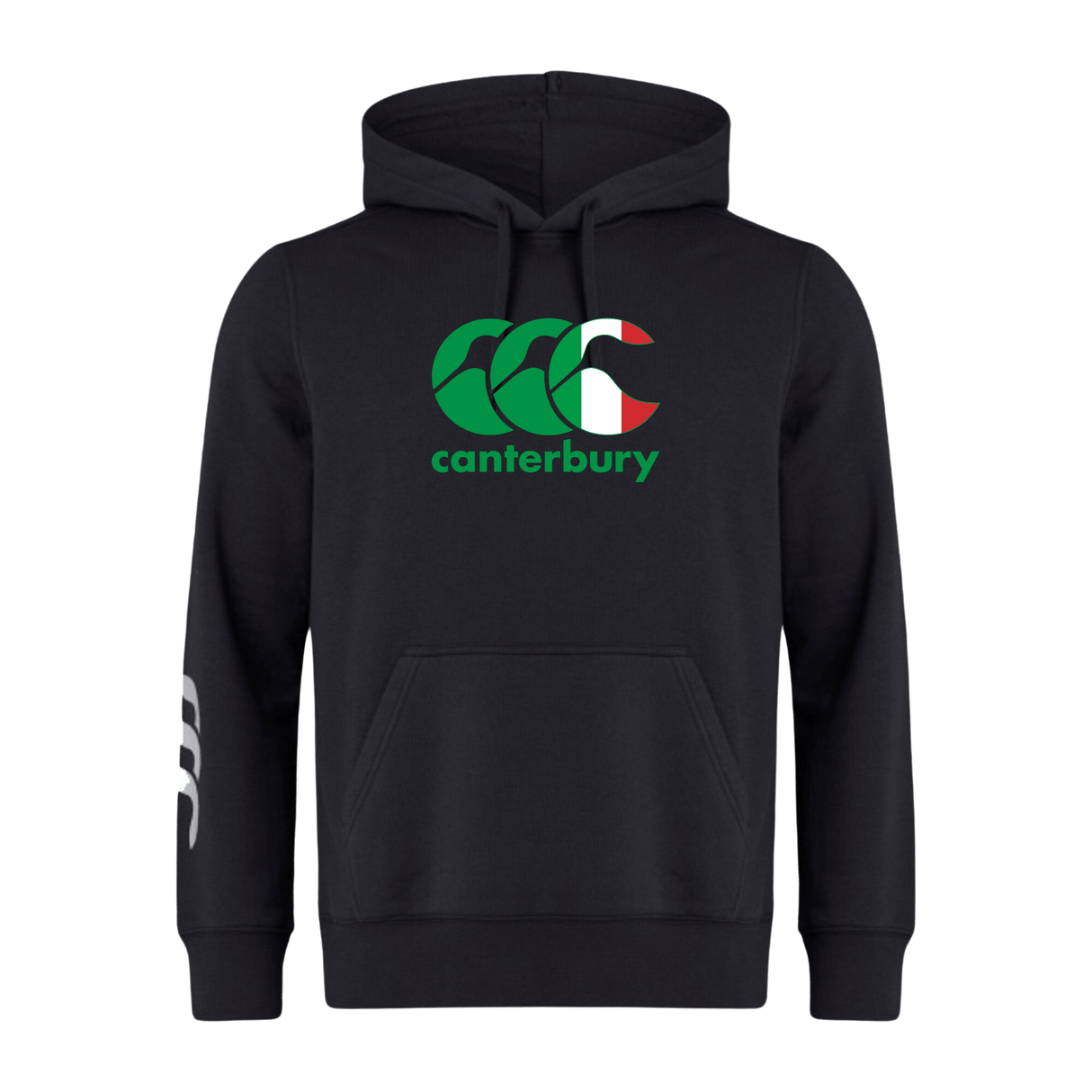The black Canterbury Italy CCC Flag Club Hoodie by WRS Canterbury showcases a vibrant red, white, and green logo on the front and features a sleek white logo on the sleeve for added style.