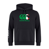 The black Canterbury Italy CCC Flag Club Hoodie by WRS Canterbury showcases a vibrant red, white, and green logo on the front and features a sleek white logo on the sleeve for added style.