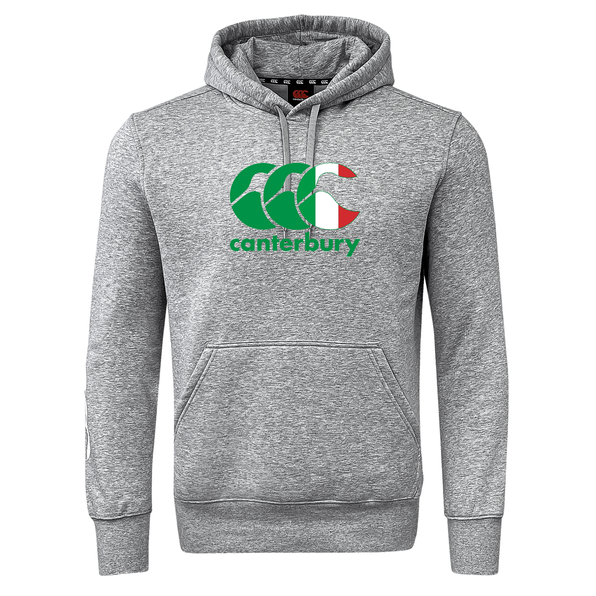Gray Canterbury Italy CCC Flag Club Hoodie by WRS Canterbury, featuring a kangaroo pocket and displaying the brand's logo in green, white, and red on the front.