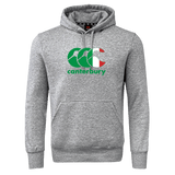 Gray Canterbury Italy CCC Flag Club Hoodie by WRS Canterbury, featuring a kangaroo pocket and displaying the brand's logo in green, white, and red on the front.