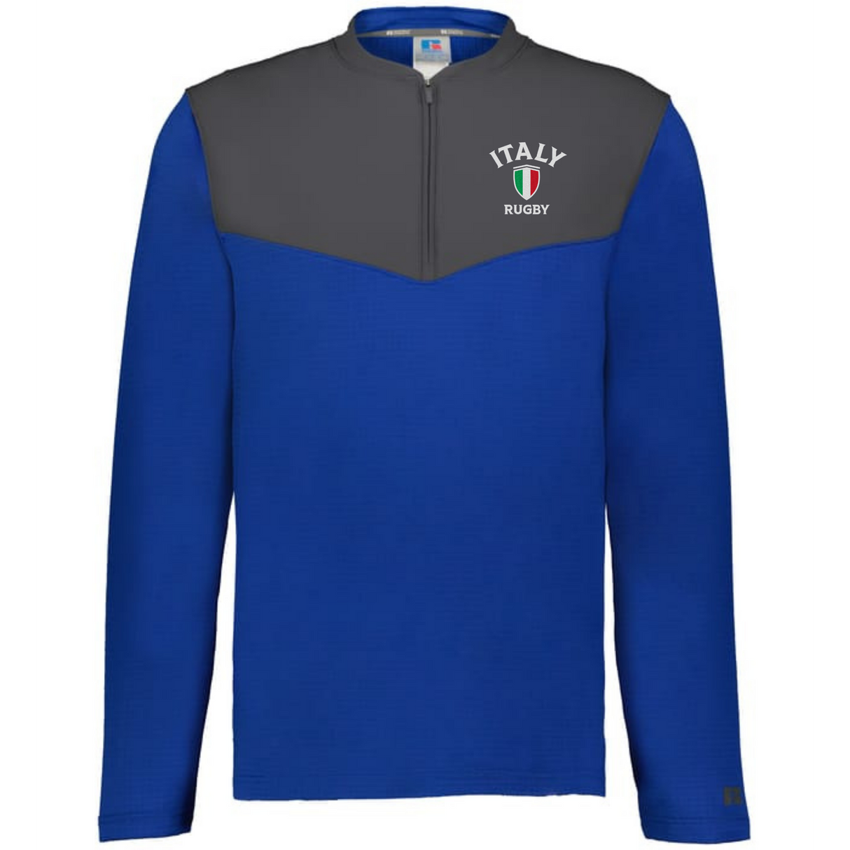 The EMB Augusta Nations of Rugby Italy Sideline Grid 1/4 Zip Pullover is a blue and gray fleece with “ITALY RUGBY” text and an Italian flag shield on the left chest—ideal for any rugby fan.