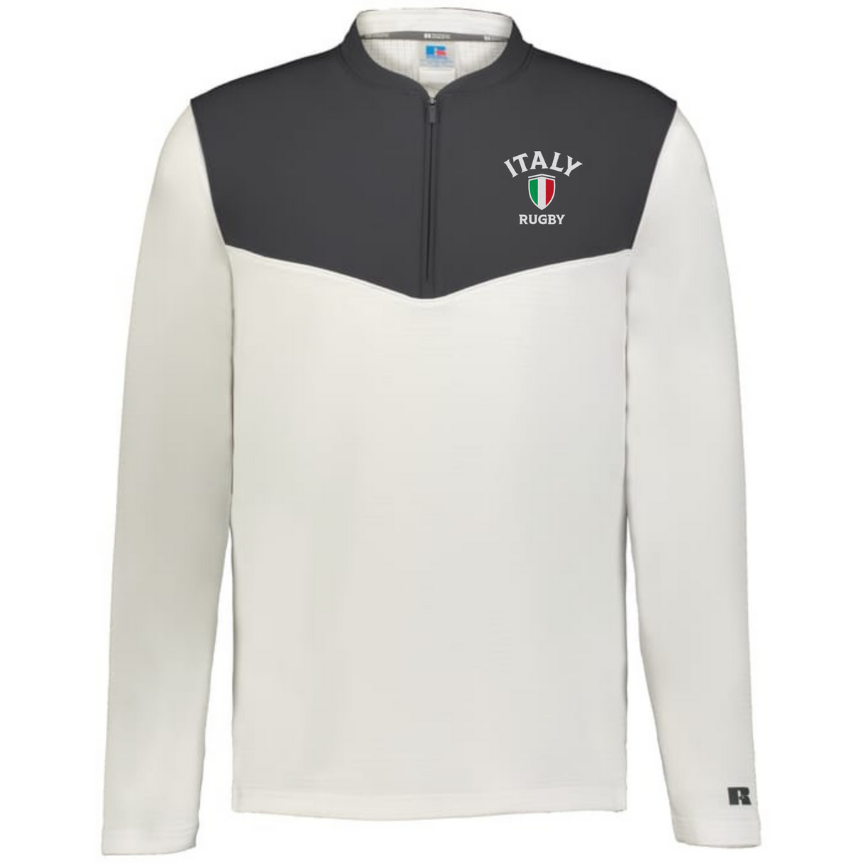 The EMB Augusta Nations of Rugby Italy Sideline Grid 1/4 Zip Pullover, in white and dark grey with "Italy Rugby" text and logo on the left chest, is perfect for any rugby supporter.