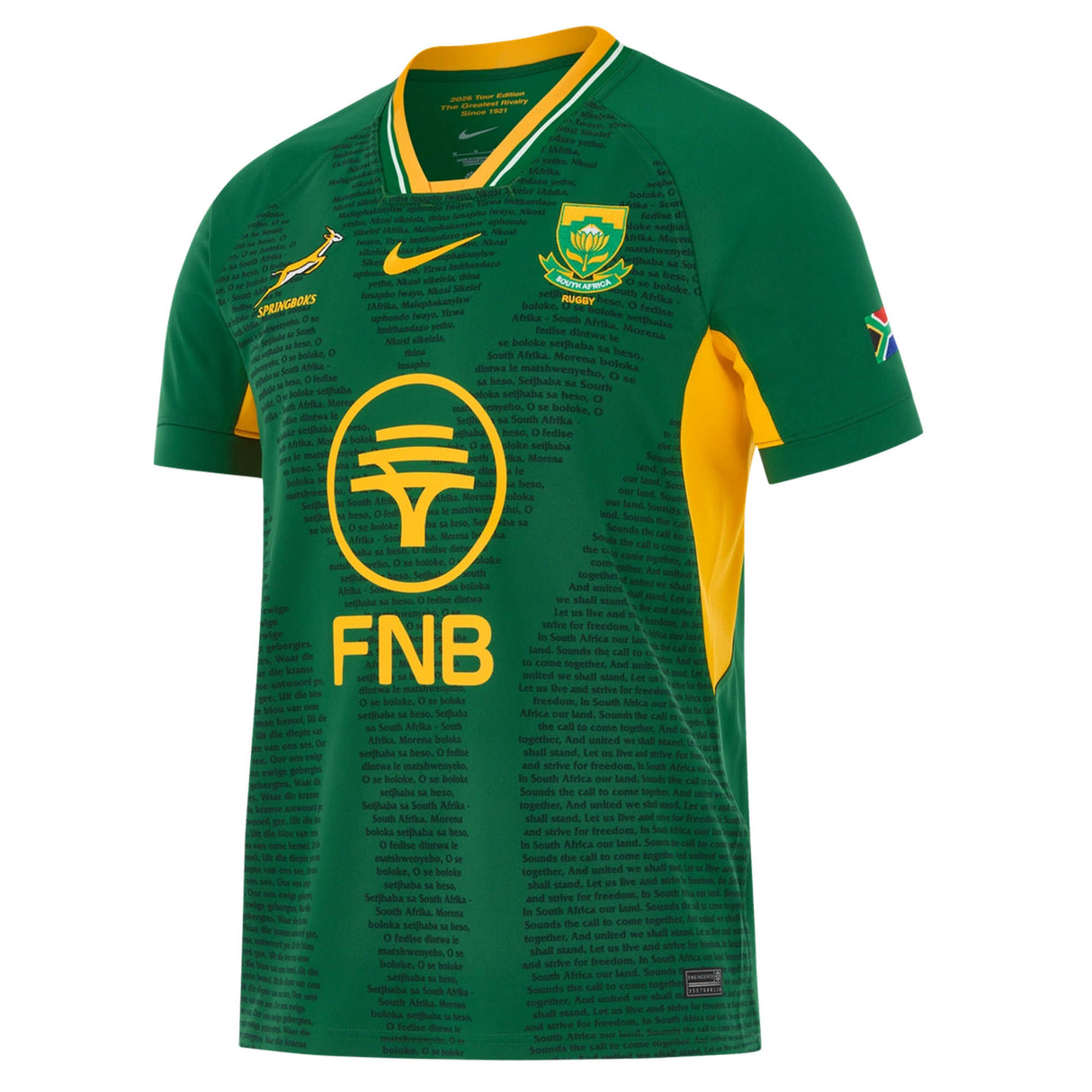 The Springboks 26/27 RGR Replica Home Jersey by Nike is an official green and gold rugby jersey showcasing the iconic team emblem, FNB logo, and printed text across the fabric.