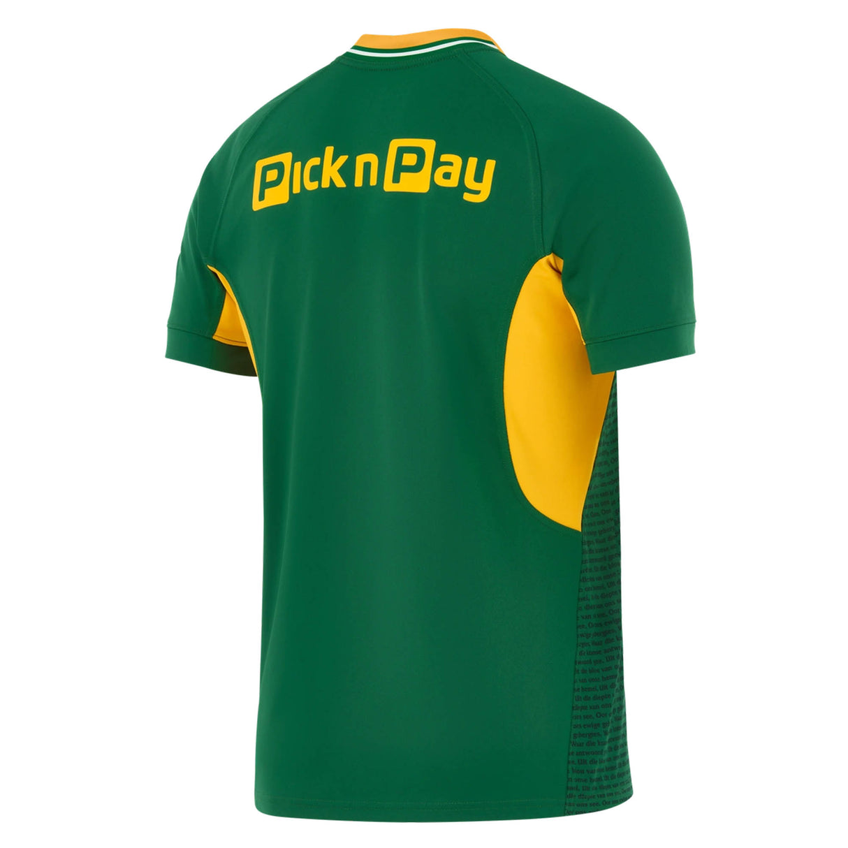 A back view of the Nike Springboks 26/27 Greatest Rivalry Replica Home Jersey in green and yellow, featuring a yellow “Pick n Pay” logo across the upper back and patterned text along the side panel.