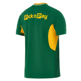 A back view of the Nike Springboks 26/27 Greatest Rivalry Replica Home Jersey in green and yellow, featuring a yellow “Pick n Pay” logo across the upper back and patterned text along the side panel.