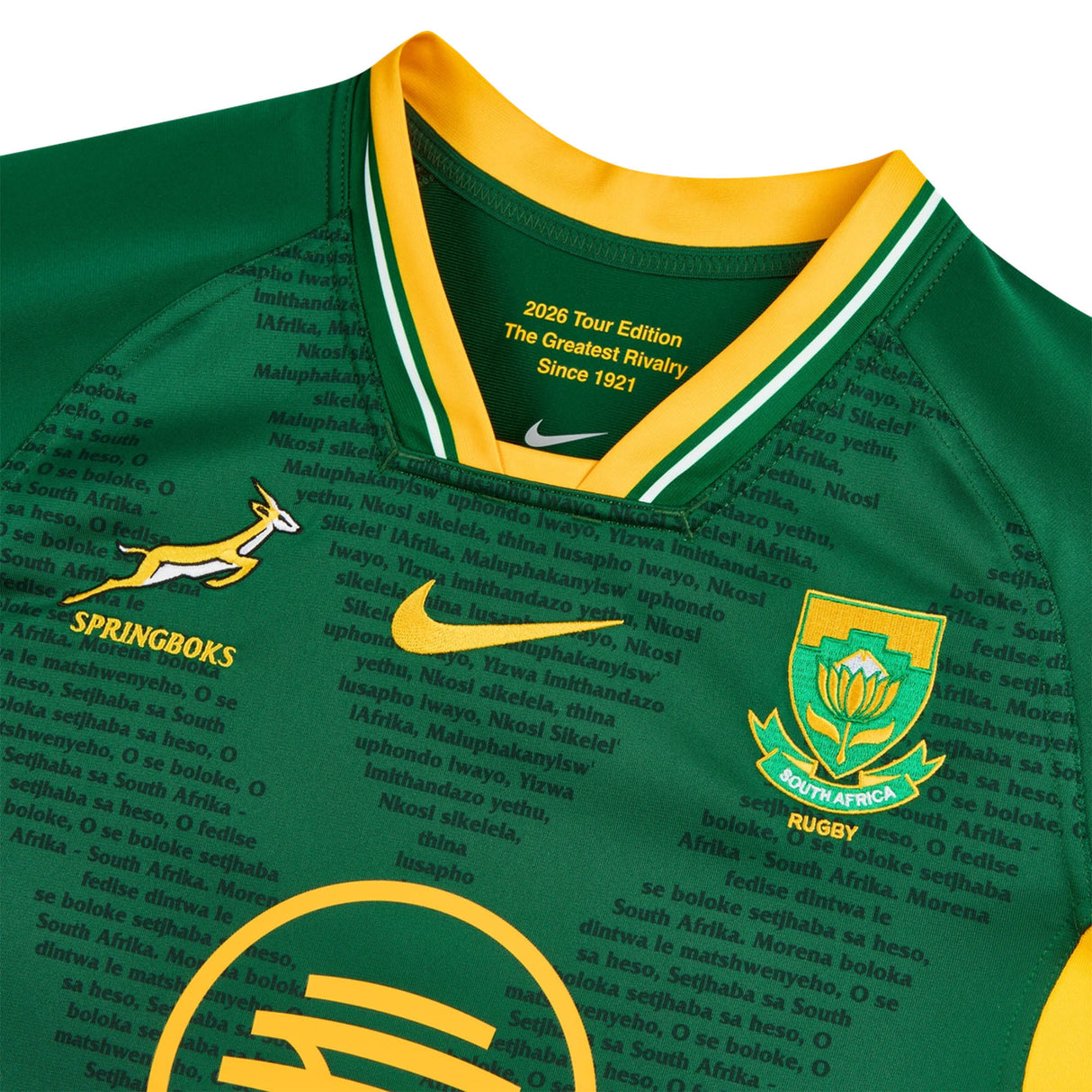 Close-up of the Springboks 26/27 RGR Replica Home Jersey by Nike in green and yellow, showcasing team and Nike logos, plus text about the 2026 Tour Edition on the inside collar—an authentic addition to any rugby rivalry jersey collection.