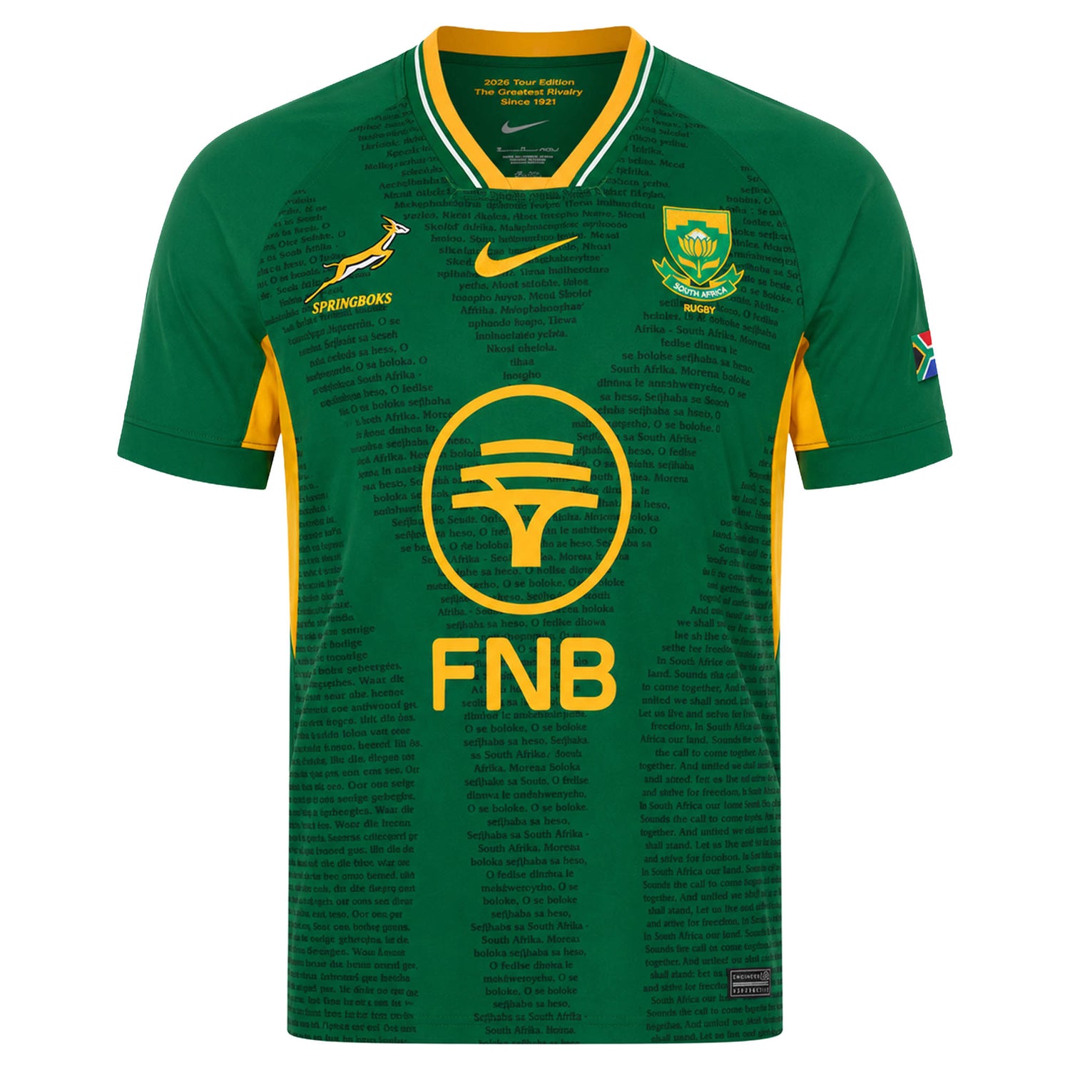 Introducing the Springboks 26/27 Greatest Rivalry Replica Home Jersey by Nike. This authentic replica rugby jersey features iconic green with yellow accents, sponsor logos, the Springboks emblem, and a subtle printed text pattern. Complete with the South African flag on the sleeve, it’s the perfect choice for dedicated fans of Nike and South Africa rugby.