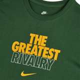 The Nike Springboks 26/27 RGR T-Shirt features a bold green design with “THE GREATEST RIVALRY” emblazoned in striking yellow and white lettering, plus a yellow Nike swoosh beneath—ideal for fans seeking a classic tee that celebrates the iconic Springboks vs All Blacks rugby showdown.