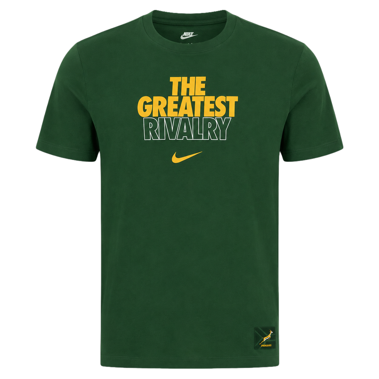 Introducing the Nike Springboks 26/27 Greatest Rivalry T-Shirt, a green tee featuring bold “THE GREATEST RIVALRY” text in yellow and white, a prominent yellow Nike swoosh, and a small patch on the bottom right—celebrating the legendary spirit of competition.
