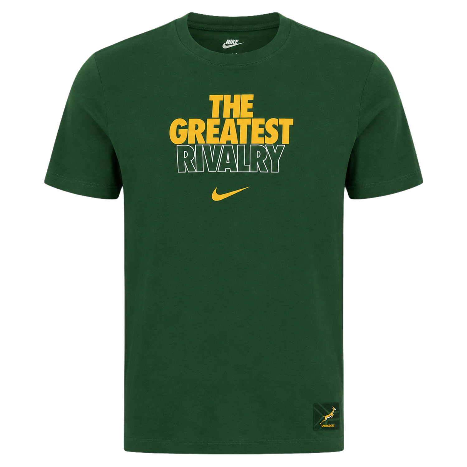 Introducing the Nike Springboks 26/27 Greatest Rivalry T-Shirt, a green tee featuring bold “THE GREATEST RIVALRY” text in yellow and white, a prominent yellow Nike swoosh, and a small patch on the bottom right—celebrating the legendary spirit of competition.