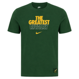 Introducing the Nike Springboks 26/27 Greatest Rivalry T-Shirt, a green tee featuring bold “THE GREATEST RIVALRY” text in yellow and white, a prominent yellow Nike swoosh, and a small patch on the bottom right—celebrating the legendary spirit of competition.