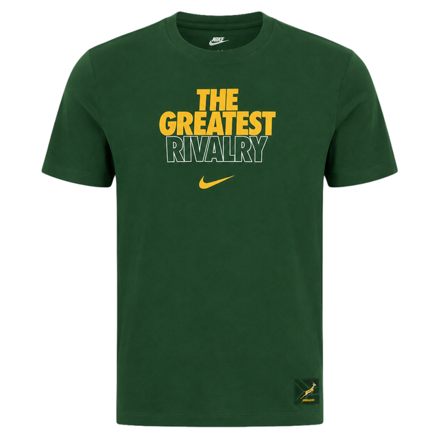 Introducing the Nike Springboks 26/27 Greatest Rivalry T-Shirt, a green tee featuring bold “THE GREATEST RIVALRY” text in yellow and white, a prominent yellow Nike swoosh, and a small patch on the bottom right—celebrating the legendary spirit of competition.
