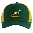 The Nike Springboks 26/27 Trucker Cap is green and yellow with mesh sides, featuring the Springboks logo and text on the front.