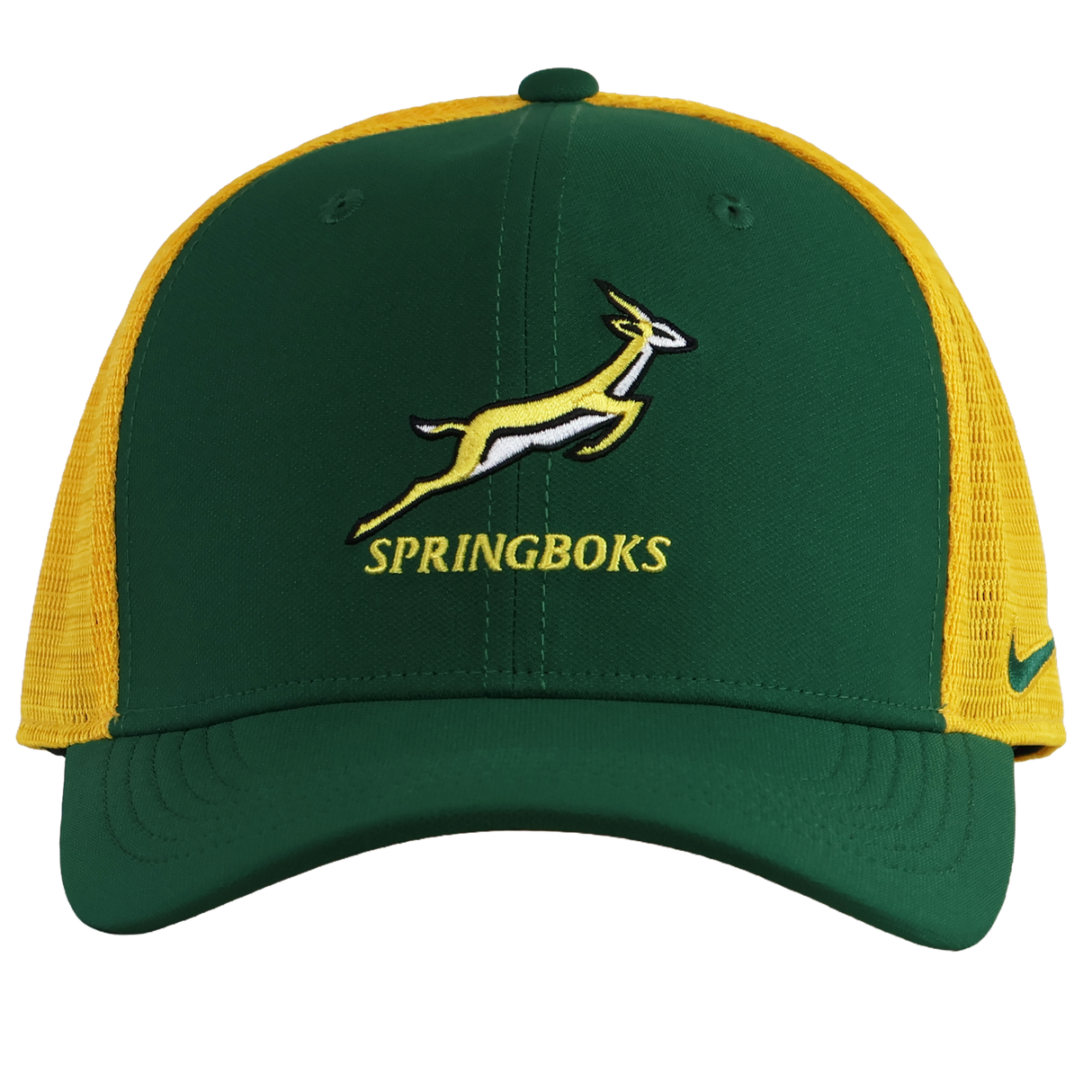 The Nike Springboks 26/27 Trucker Cap is green and yellow with mesh sides, featuring the Springboks logo and text on the front.