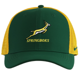 The Nike Springboks 26/27 Trucker Cap is green and yellow with mesh sides, featuring the Springboks logo and text on the front.