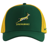 The Nike Springboks 26/27 Trucker Cap is green and yellow with mesh sides, featuring the Springboks logo and text on the front.