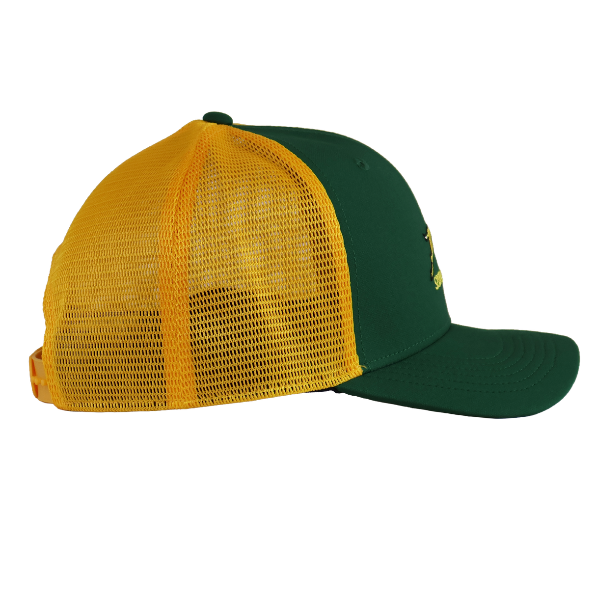 Springboks 26/27 Trucker Cap by Nike featuring a green front panel and brim, yellow mesh back, shown from a side angle on a plain white background.