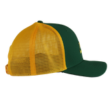 Springboks 26/27 Trucker Cap by Nike featuring a green front panel and brim, yellow mesh back, shown from a side angle on a plain white background.