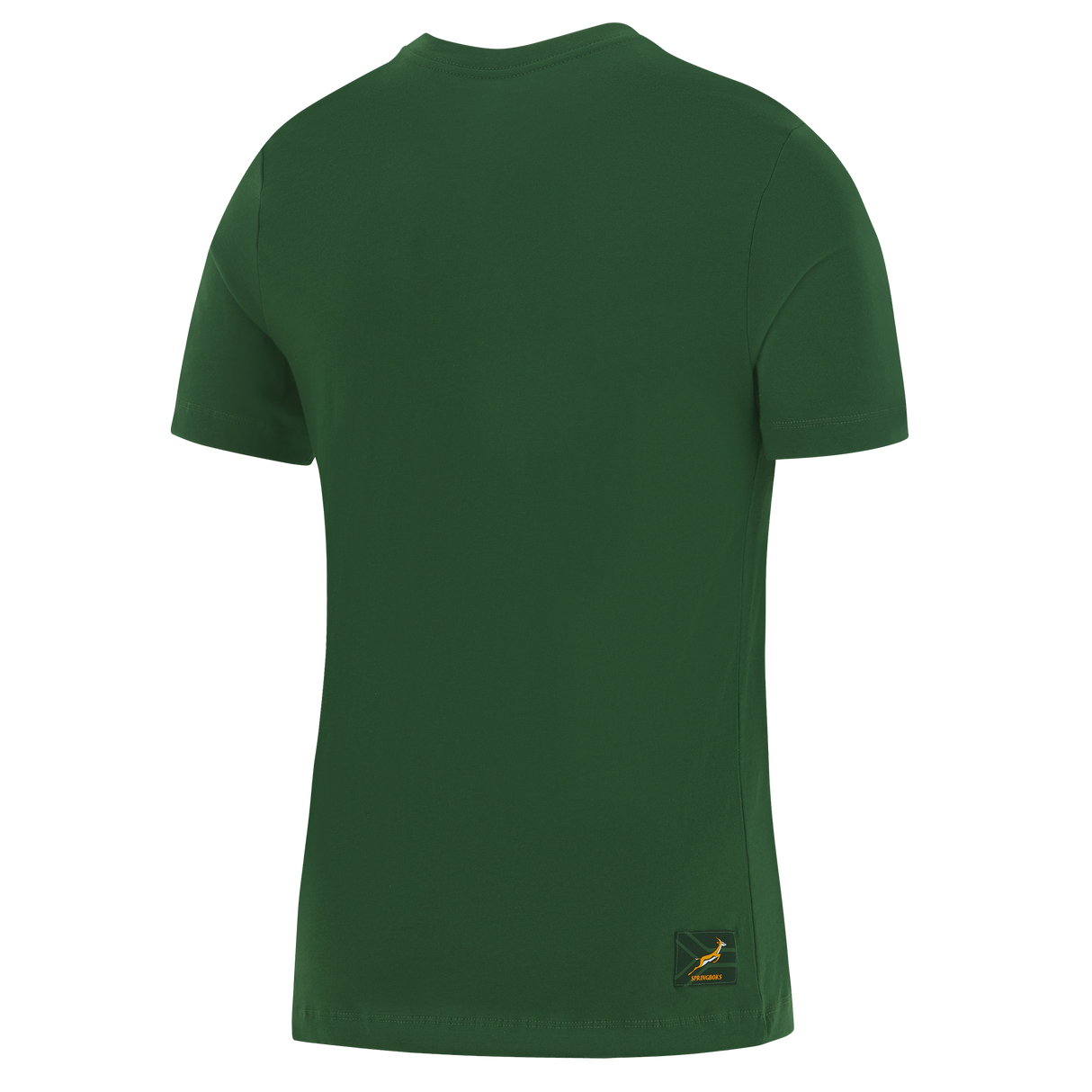 The Nike Springboks 26/27 Gradient Logo T-Shirt is a dark green short-sleeve tee, shown from the back, featuring a small yellow logo label near the bottom hem, inspired by classic South Africa rugby shirt style.