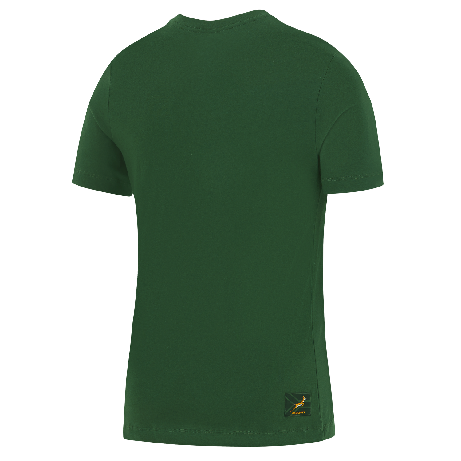 The Nike Springboks 26/27 Gradient Logo T-Shirt is a dark green short-sleeve tee, shown from the back, featuring a small yellow logo label near the bottom hem, inspired by classic South Africa rugby shirt style.