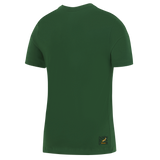 The Nike Springboks 26/27 Gradient Logo T-Shirt is a dark green short-sleeve tee, shown from the back, featuring a small yellow logo label near the bottom hem, inspired by classic South Africa rugby shirt style.