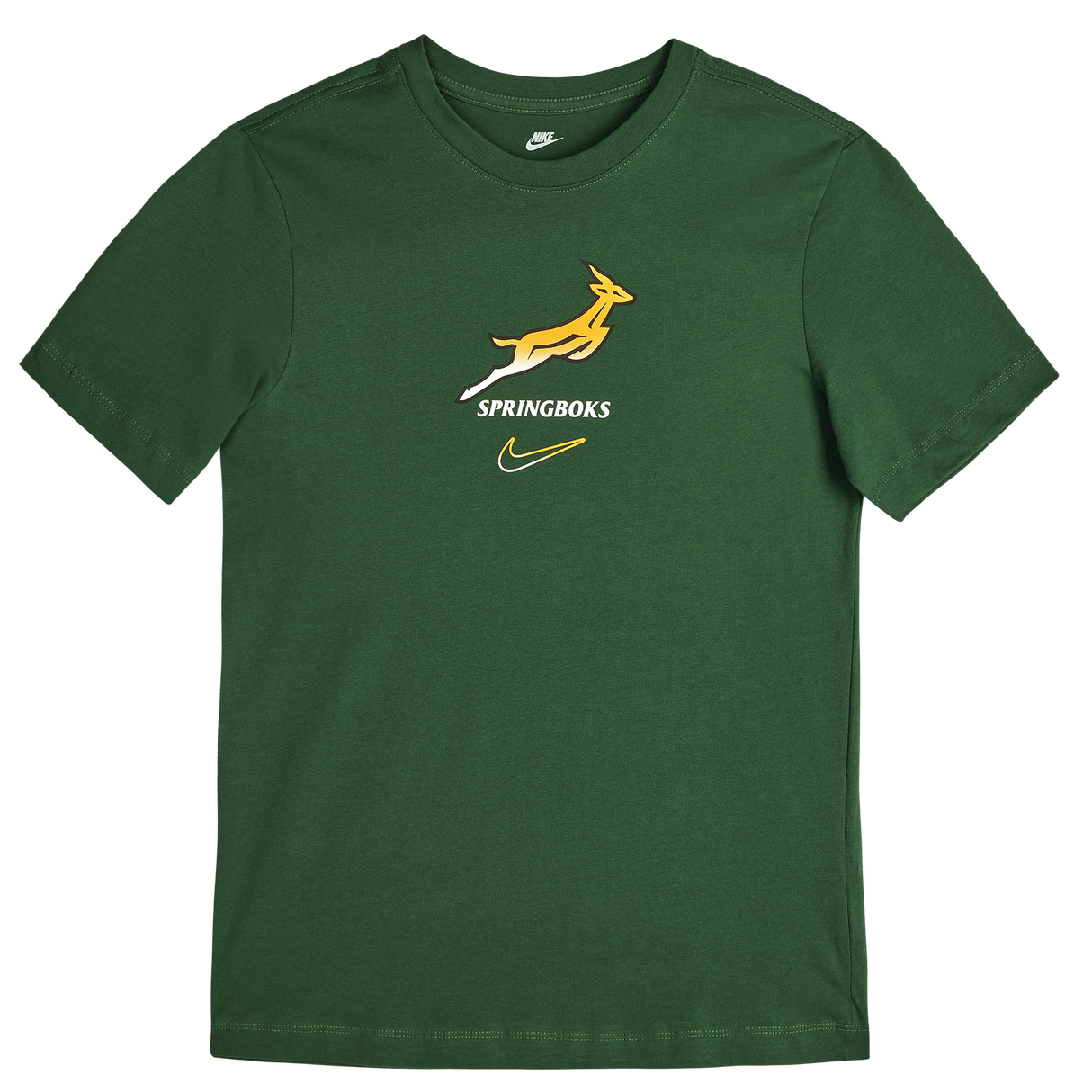 The Nike Springboks 26/27 Gradient Logo T-Shirt features a yellow springbok logo, "SPRINGBOKS" text, and a yellow Nike swoosh—a classic South Africa rugby shirt.