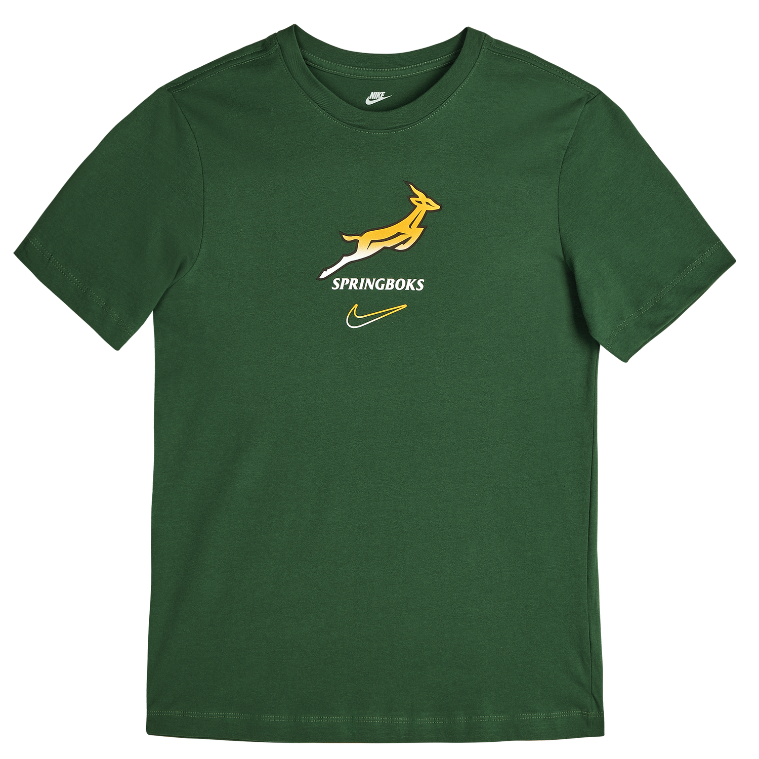 The Nike Springboks 26/27 Gradient Logo T-Shirt features a yellow springbok logo, "SPRINGBOKS" text, and a yellow Nike swoosh—a classic South Africa rugby shirt.