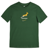 The Nike Springboks 26/27 Gradient Logo T-Shirt features a yellow springbok logo, "SPRINGBOKS" text, and a yellow Nike swoosh—a classic South Africa rugby shirt.
